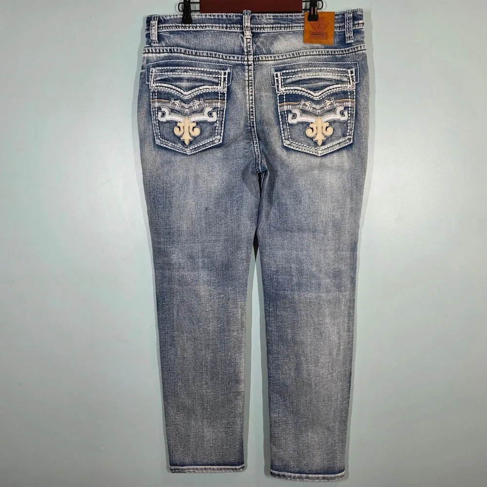 Mens‎ Western Blue Jeans ESDVQ Light Wash Thick Stitch Embroidered 37x30 Y2K